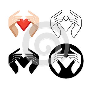 Four type concept charity logo.Donator holding heart in their hands.Vector illustration flat design.Isolated on white background.