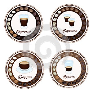Four Type of Hot Coffee in Retro Round Label photo