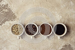 Four types of coffee unroasted, bean, ground and one in cup