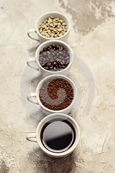Four types of coffee unroasted, bean, ground and one in cup