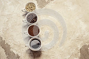 Four types of coffee unroasted, bean, ground and one in cup