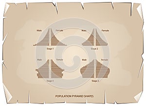 Four Types of Population Pyramids on Old Paper Background