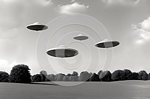 Four UFO flying over tree tops made like an old photo.