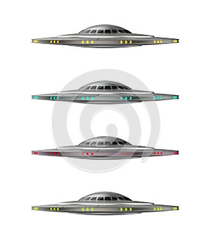 Four unidentified flying object different colors. Set UFO spacecraft. Alien spaceships.