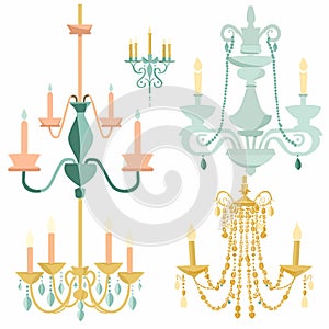 Four various chandeliers, colorful, decorative, interior design elements. Elegant light fixtures photo