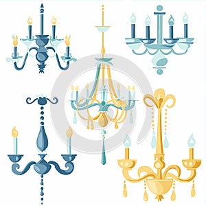 Four various chandeliers, colorful, decorative, interior design elements. Elegant light fixtures photo