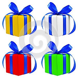 Four various color silver gift wrapped presents