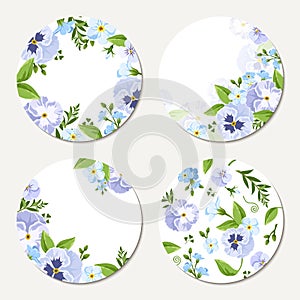 Four vector circle cards with blue and purple flowers. Eps-10.