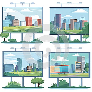 Four vector illustrations cityscape billboards urban settings. Billboards display different city photo