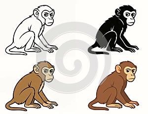 Vector Monkey, 3 versions, outline, silhouette and colored