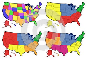 Four versions of regional map of United States