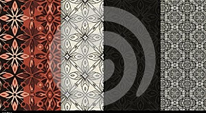 Four vertical panels display intricate geometric patterns. The first panel features