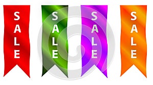 Four vertical sale ribbons or banners