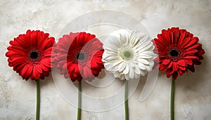 Four Vibrant Red and White Gerbera Daisies in a Row on a Textured Background with Copy Space photo
