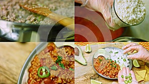 Four videos with the preparation of Chili con carne with long rice. Made from turkey with Belgian beer. Mexican cuisine