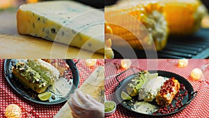 Four videos with the preparation of Mexican corn elote in three ways. Pressed with cheese, guacamole and pomegranate