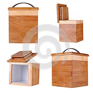 Four views of a small bamboo box