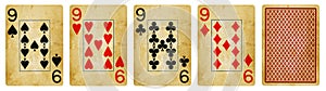 Four Vintage Playing Cards Isolated on White
