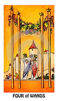 Four of Wands Tarot Card  Stability Prosperity Success Homecoming Reunions Welcome Celebrations Parties photo