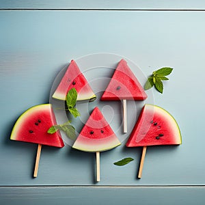 Four Watermelon Slice Popsicles on Blue Wood Background with Copy Space - Fresh Summer Fruit Concept