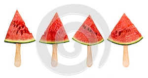 Four watermelon slice popsicles isolated on white, fresh summer fruit concept