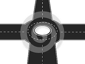 Four way crossroad with round platform in center . Black highway with intersection and road markings traffic speedway
