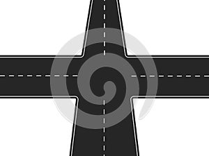 Four way road. Black highway with intersection and white markings traffic.