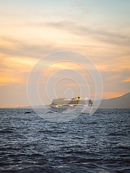 Four whales spray as they breach and splash as cruise ship leaves port in Puerto Vallarta Mexico