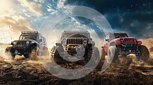 Four-wheel drive off-road vehicles on a muddy road