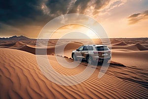 Four wheel drive SUV is driving in desert. Generative AI