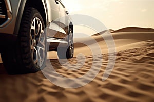 Four wheel drive SUV is driving in desert. Generative AI