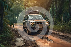 Four wheel drive SUV is driving on muddy road in jungle. Generative AI