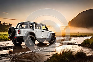 Four Wheel Drive Suv Is Driving On Muddy Road In Jungle. Jeep On Safari. Generative AI