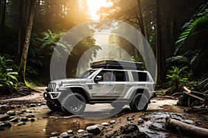 Four Wheel Drive Suv Is Driving On Muddy Road In Jungle. Jeep On Safari. Generative AI