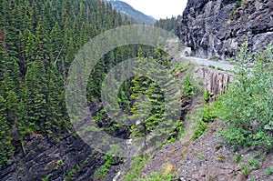 Four wheel drive vehices on dangerous exposed Shelf Road in the Rocky Mountains, Colorado