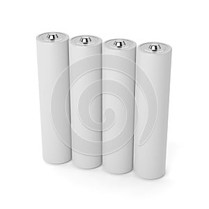 Four white AAA batteries isolated on white. 3D rendering