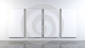 Four white blank canvas on a white stone wall and grey stone floor created with Generative AI