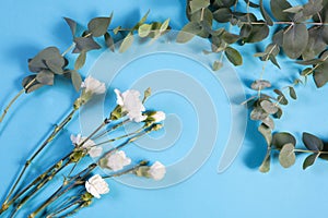 The four white carnation and eucalyptus on a blue background with an empty space for notes. Romantic card