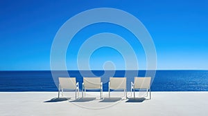 Four White Chairs Facing the Ocean