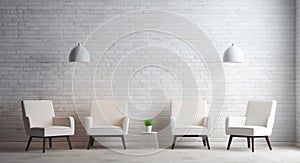 Four white chairs in front of a white brick wall, in the style of minimalist