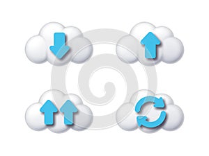 Four Cloud Icons with Blue Arrows for Data Transfer