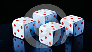 Four white dice with red dots on reflective surface