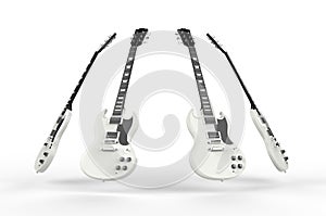 Four white electric guitars