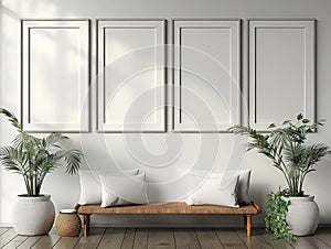 Four white frames mockup on the white wall with tropical plants and white pillows on the bench
