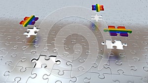 Four White Holes in Puzzle Pieces floor with Three Rainbow Pieces