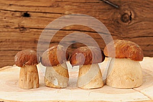 Four wild porcini mushrooms standing in a row on wooden board wi