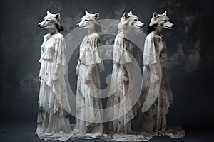 Four wolfs in long white dresses stand , concept of Pack mentality, created with Generative AI technology