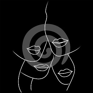 Four woman faces minimalist illustrations. Silhouette. Black background. One line drawing.