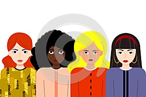 Four women of different nationalities and cultures standing together. Women`s friendship, union of feminists or