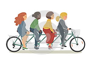 Four women riding tandem bicycle together.
